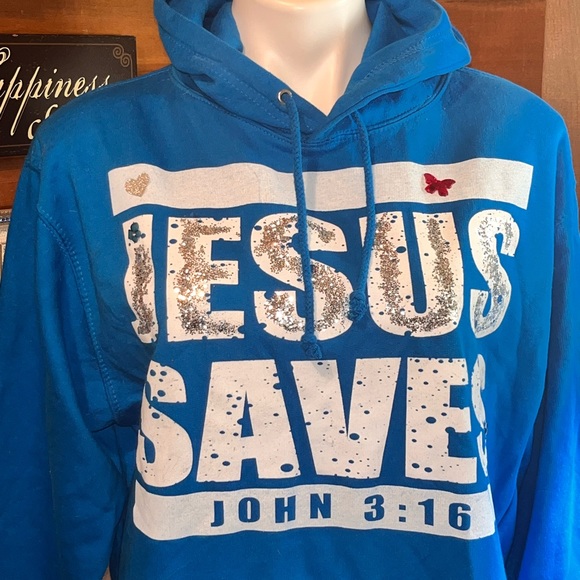 Turquoise JESUS SAVES Hooded Sweatshirt size S Boutique front pocket NEW - Picture 7 of 13